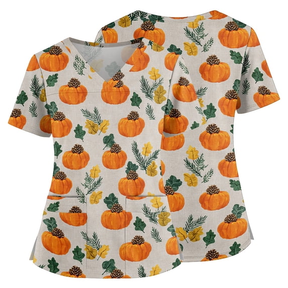 Halloween Scrubs for Women Premium Beach Nursing Uniform Trendy V-Neck Pumpkin Side Slits Scrub Tops Ultra Soft Short Sleeve Tees Blouse with Pockets Gray XL