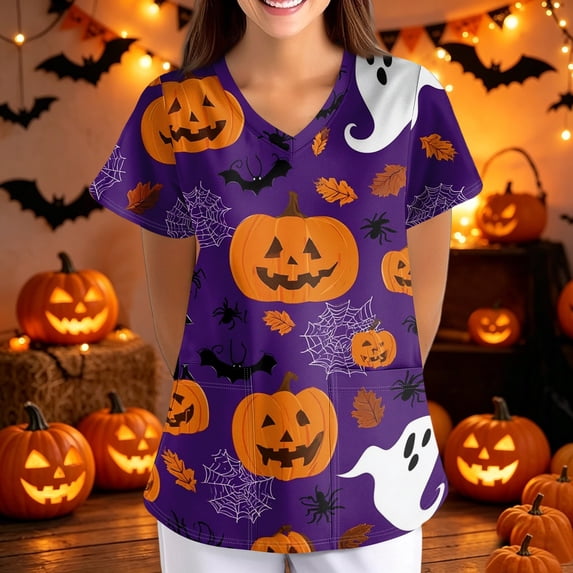 Halloween Scrubs for Women Pumpkin Ghost V Neck Short Sleeve Plus Size Scrubs Tops Nurse Scrubs Stretchy Summer Holiday Casual Uniform Workwear With Pockets Purple Pink L