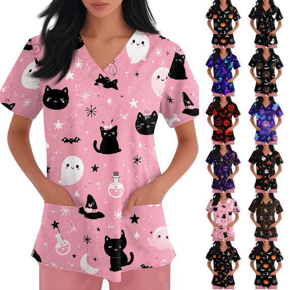 Halloween Scrubs Womens V-Neck Short Sleeve Holiday Tee Casual Top Scrub Tops Pink 5XL