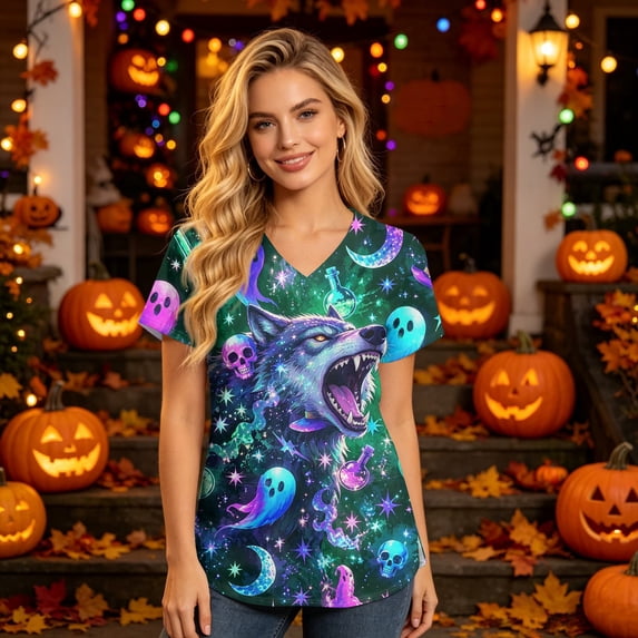 Halloween Scrubs for Women Halloween Print Short Sleeve V-Neck Uniform with Pockets