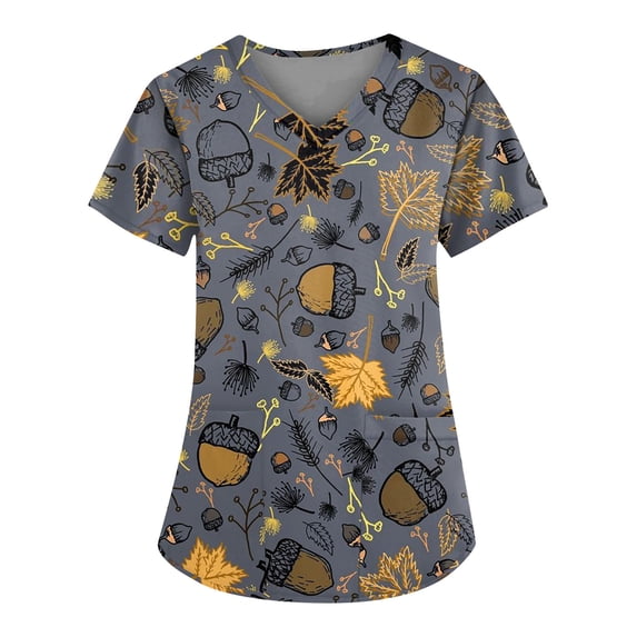 Halloween Scrubs for Women Nurse Vet Pediatric Plus Size Nursing Uniforms Cute Demon Cat Scrub Tops with Pockets Gray M