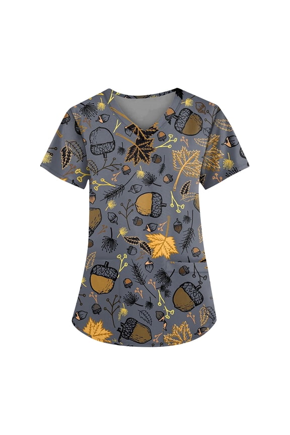 Halloween Scrubs for Women Nurse Vet Pediatric Plus Size Nursing Uniforms Cute Demon Cat Scrub Tops with Pockets Gray XXL
