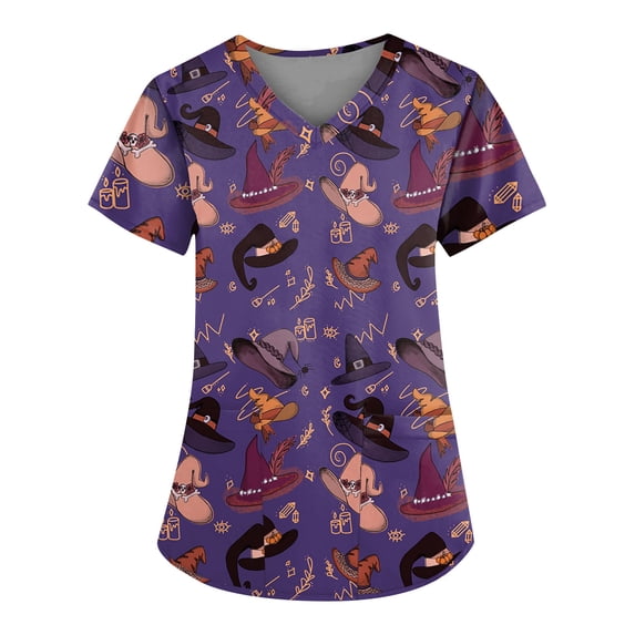 Halloween Scrubs for Women Nurse Vet Pediatric Plus Size Nursing Uniforms Cute Demon Cat Scrub Tops with Pockets Purple M