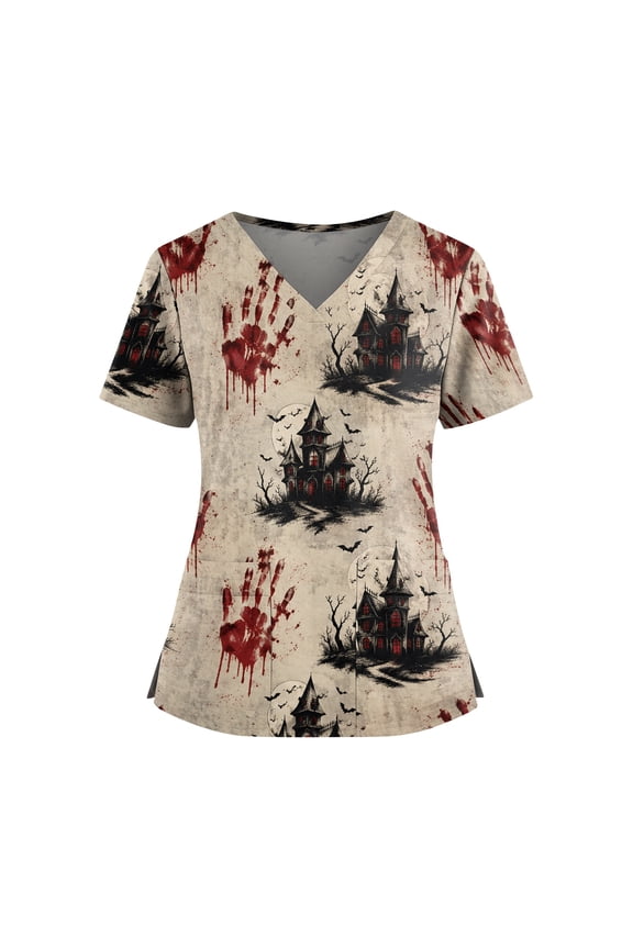 Halloween Scrubs for Women Nurse Vet Pediatric with Designs Plus Size Nursing Uniforms Cute Demon Cat Scrub Tops 01-Black 3XL