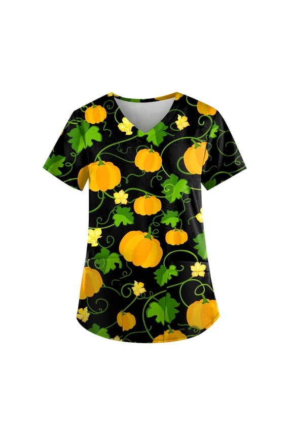 Halloween Scrubs for Women Nurse Vet Pediatric with Designs Plus Size Nursing Uniforms Cute Demon Cat Scrub Tops