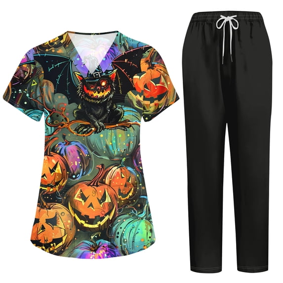 Halloween Scrubs for Women Set Jogger Scrub Set Nursing Uniform with Pocket