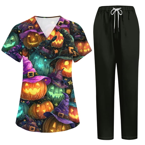 Halloween Scrubs for Women Set Jogger Scrub Set Nursing Uniform with Pocket