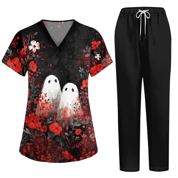 Halloween Scrubs for Women Set Jogger Scrub Set Nursing Uniform with Pocket
