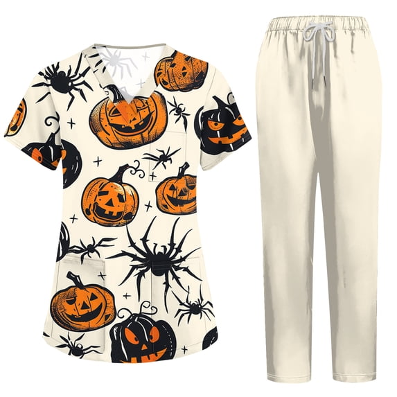 Halloween Scrubs for Women Set Jogger Scrub Set Nursing Uniform with Pocket