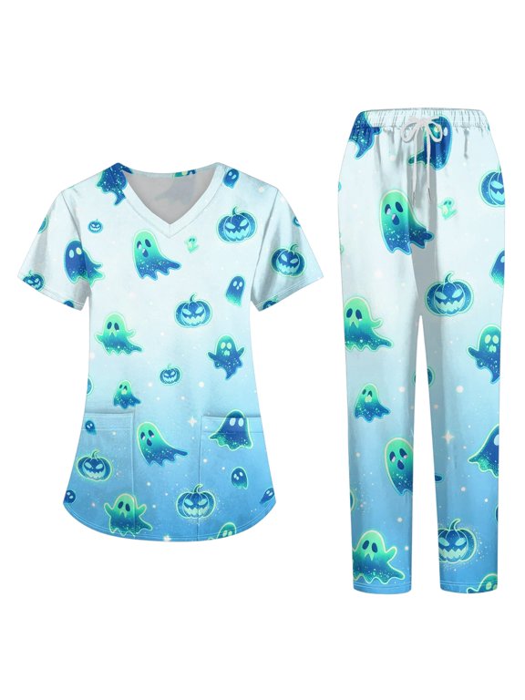 Halloween Scrubs for Women Set Medical Uniform - V-Neck Top & Straight Leg Pants with Pockets, Nurse Workwear, Light Blue, XXL