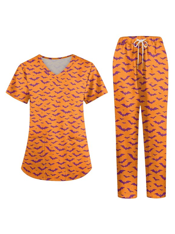 Halloween Scrubs for Women Set Medical Uniform - V-Neck Top & Straight Leg Pants with Pockets, Nurse Workwear, Saffron, XL