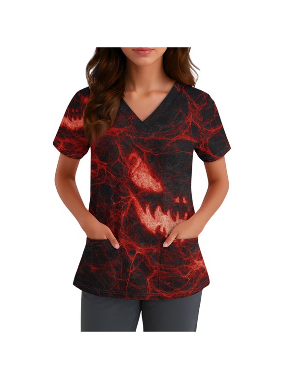 Halloween Scrubs for Women V Neck Cute Printed Scrub Tops Medical Nurse Shirt Soft Casual Uniform with Pockets Holiday 01-Wine-L