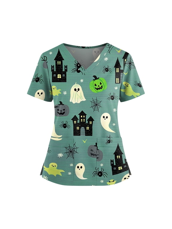 Halloween Scrubs for Women V Neck Cute Printed Scrub Tops Medical Nurse Shirt Soft Casual Uniform with Pockets Holiday 01-Green 3XL