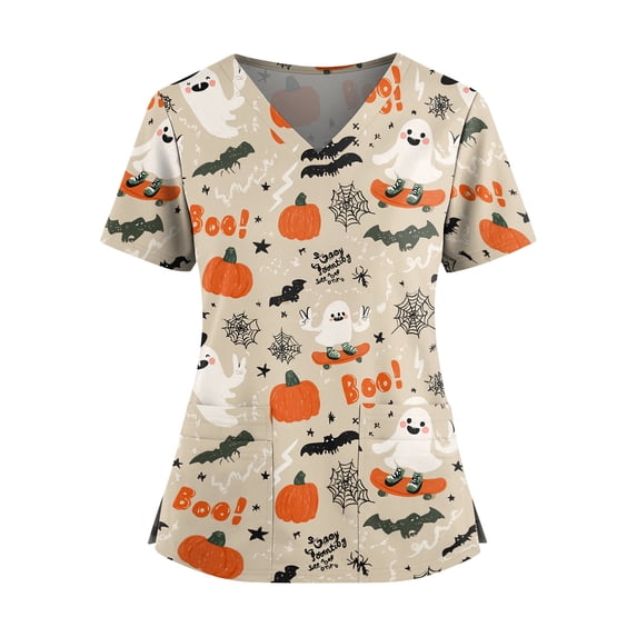 Halloween Scrubs for Women V Neck Cute Printed Scrub Tops Medical Nurse Shirt Soft Casual Uniform with Pockets Holiday 02-Khaki S