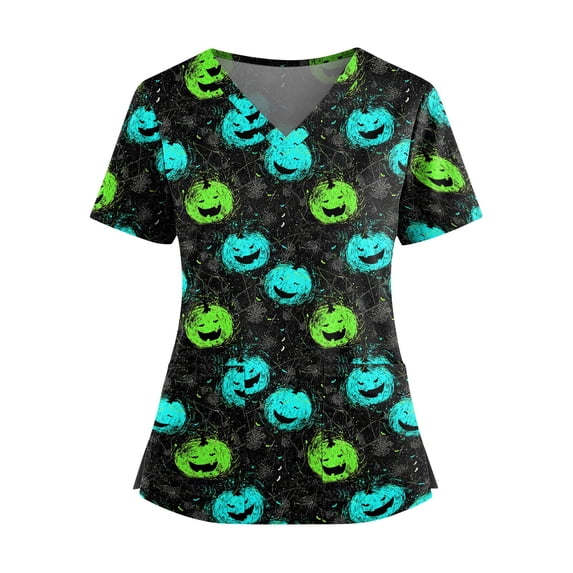 Halloween Scrubs for Women V Neck Cute Printed Scrub Tops Medical Nurse Shirt Soft Casual Uniform with Pockets Holiday 02-Green 5XL