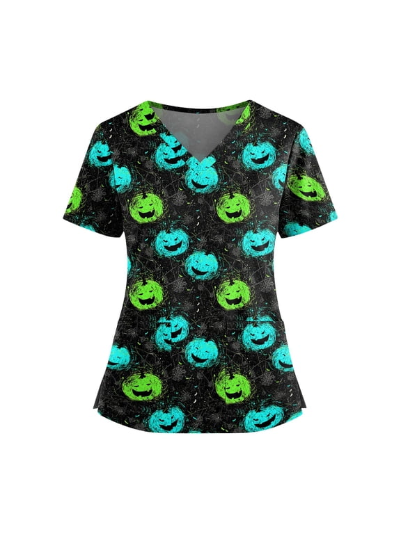 Halloween Scrubs for Women V Neck Cute Printed Scrub Tops Medical Nurse Shirt Soft Casual Uniform with Pockets Holiday 02-Green XXL