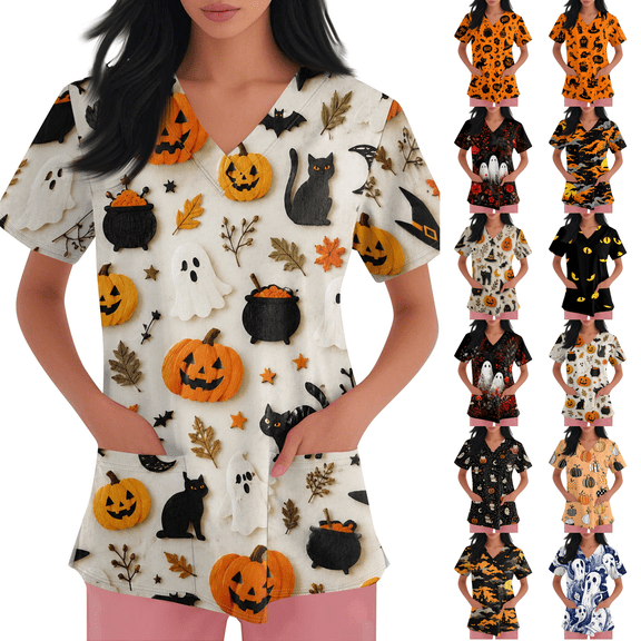 Halloween Scrubs for Women V Neck Short Sleeve Animal Print Nursing Uniform Top with Pockets Stretch Medical Scrub Shirt Complexion 2XL