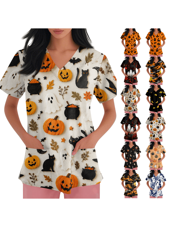 Halloween Scrubs for Women V Neck Short Sleeve Animal Print Nursing Uniform Top with Pockets Stretch Medical Scrub Shirt Complexion 2XL