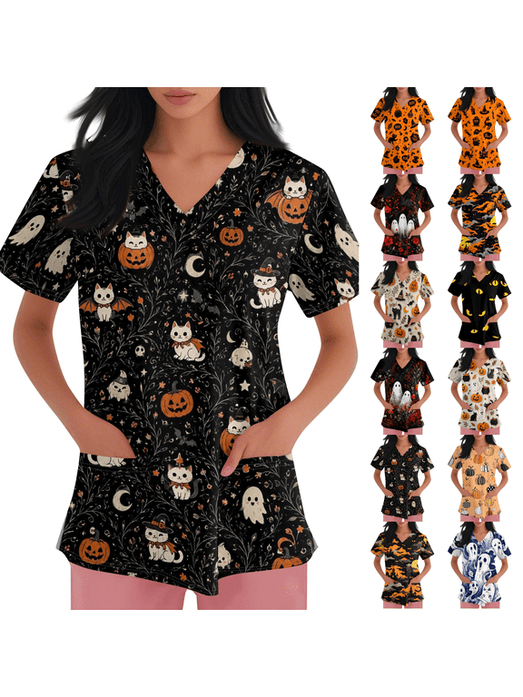Halloween Scrubs for Women V Neck Short Sleeve Animal Print Nursing Uniform Top with Pockets Stretch Medical Scrub Shirt Fluorescence Yellow XL