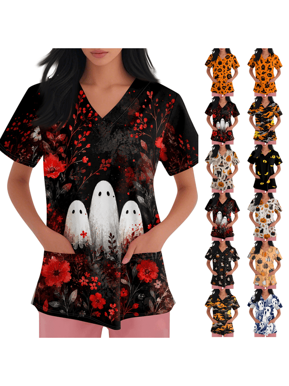 Halloween Scrubs for Women V Neck Short Sleeve Animal Print Nursing Uniform Top with Pockets Stretch Medical Scrub Shirt Red M