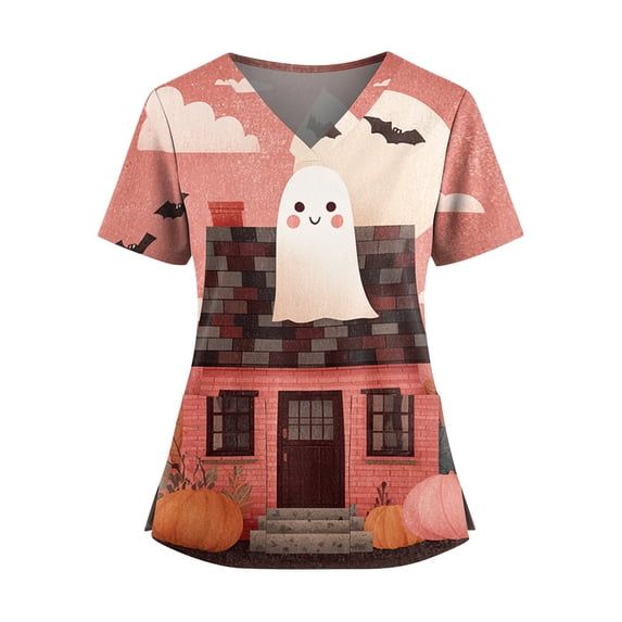 Halloween Scrubs for Women V Neck Short Sleeve Castle Print Nursing Uniform Top with Pockets - Stretch Medical Scrub Shirt