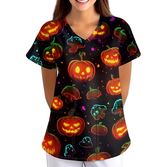 Halloween Scrubs for Women V Neck Short Sleeve Printed Scrub Tops, Cartoon Pattern Plus Size Medical Nursing Uniform with Pockets 01-Coffee-4XL