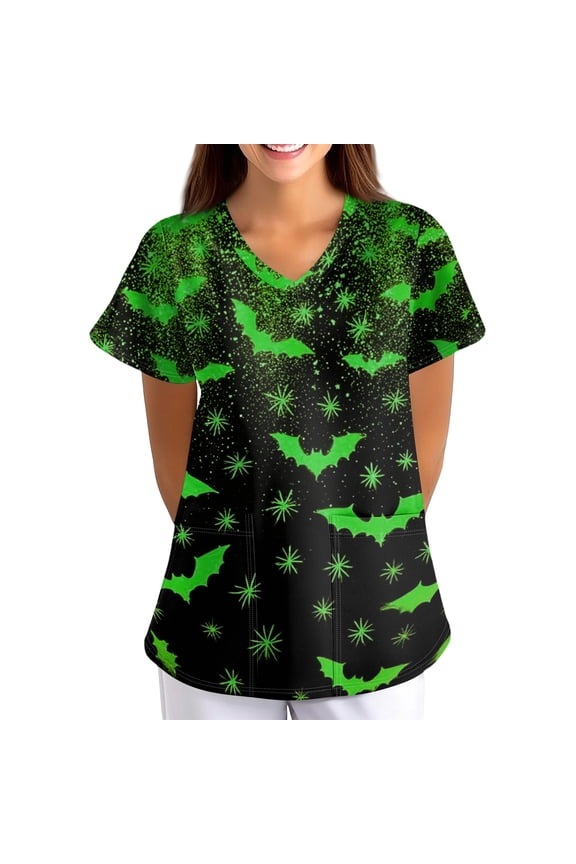 Halloween Scrubs for Women V Neck Short Sleeve Printed Scrub Tops, Cartoon Pattern Plus Size Medical Nursing Uniform with Pockets 01-Green-S
