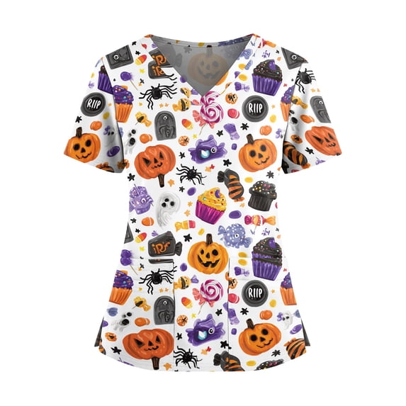 Halloween Scrubs for Women V Neck Short Sleeve Printed Tops Cartoon Pattern Plus Size Nursing with Pockets 02-Purple XL