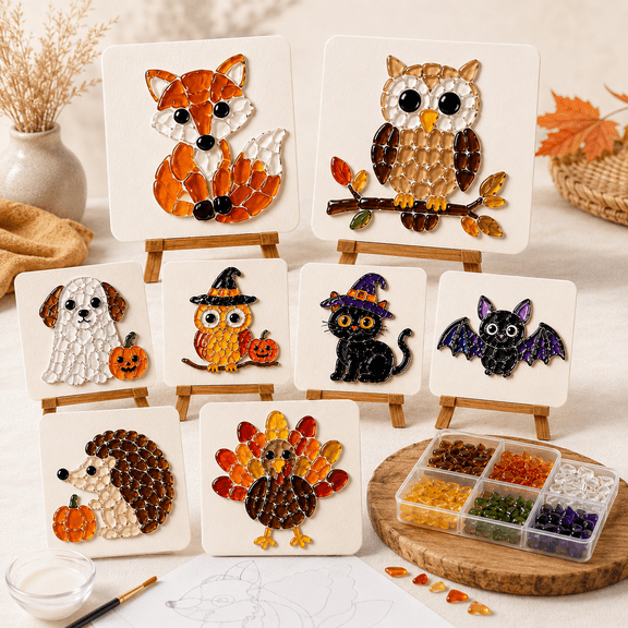 Halloween Sea Glass Art Kit, DIY Mosaic Craft Kit for Adults Beginners with 8 Cute Seasonal Designs, Ghost Pumpkin Cat Bat Owl Handmade Decoration Project with Wooden Display Stand