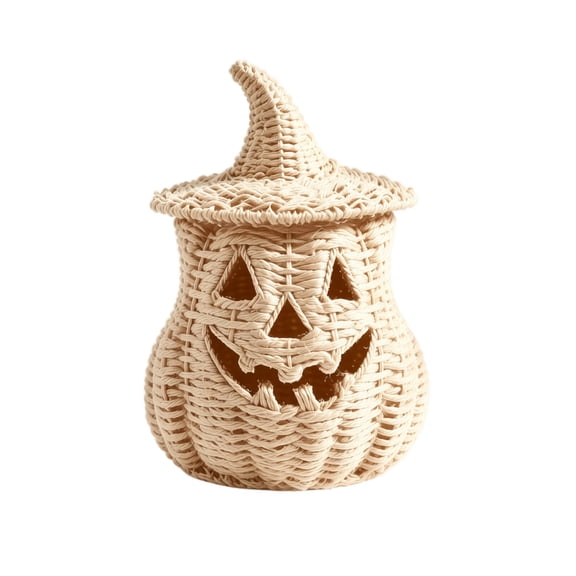 Halloween Seagrass Pumpkin Basket with Lid, Handwoven Wicker Storage Container for Seasonal Entryway Shelf Mantel Display, Rustic Fall Tabletop Decor