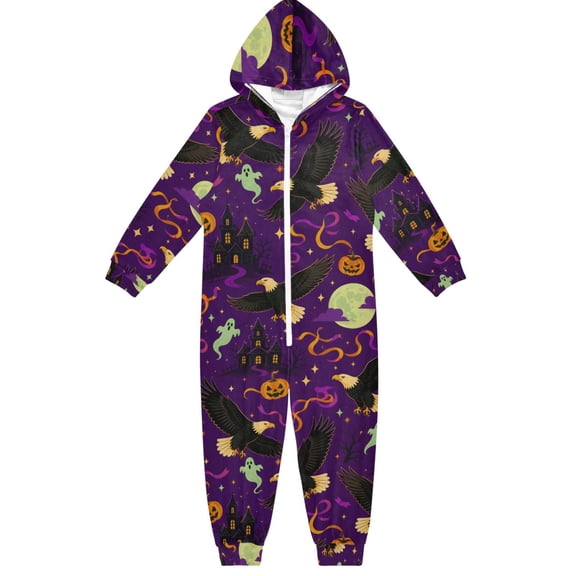 Halloween Seamless Flying Boys & Girls Hooded One-Piece Pajamas Warm Crystal velvet Hooded Long Sleeve Loungewear Jumpsuit Unisex