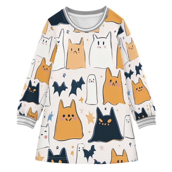 Halloween Seamless Pattern Cats Girls'long-sleeved dress Thickened A-dress Warm Dress Basic Shirt Party Dresses