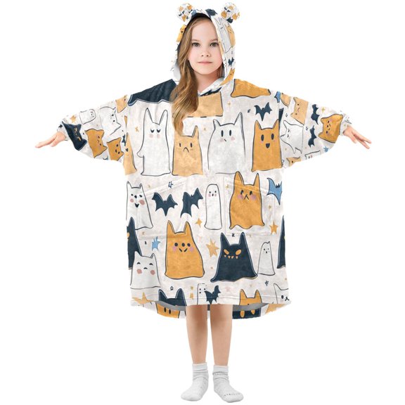 Halloween Seamless Pattern Cats Wearable Blankets Hoodie Oversize Sherpa Wearable Soft Blanket Warm Cozy 3-14 Age