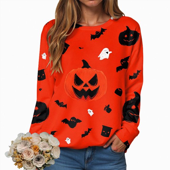 Towmus Pumpkin Face Sweatshirt Halloween Crewneck Shirt Fall Casual Pullover Tops Cute Forest Graphic Long Sleeve T Shirts Oversized
