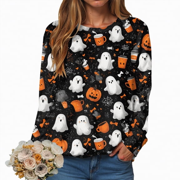 Towmus Boo Pumpkin-Sweatshirt Halloween Crewneck Shirt Casual Comfy Long Sleeve T-Shirts Basic Graphic Pullover Tops