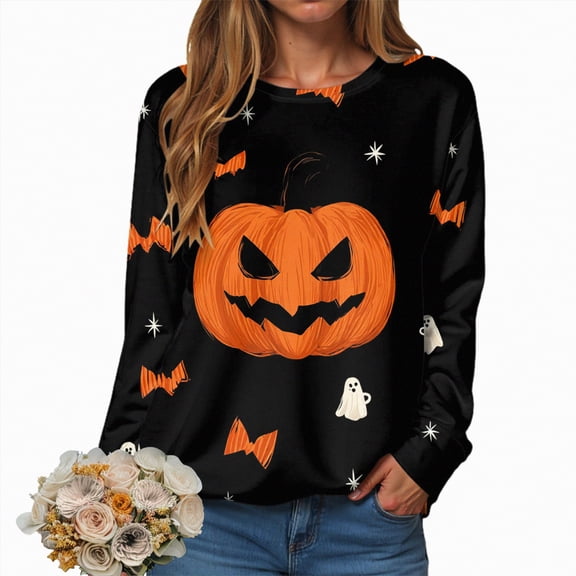 Towmus Pumpkin Face Sweatshirt Halloween Crewneck Shirt Fall Casual Pullover Tops Cute Forest Graphic Long Sleeve T Shirts Oversized