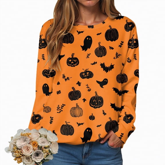 Towmus Pumpkin Face Sweatshirt Halloween Crewneck Shirt Fall Casual Pullover Tops Cute Forest Graphic Long Sleeve T Shirts Oversized