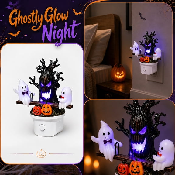 Halloween Seesaw Ghost LED Night Light  Plugin 3D Glowing Lamp with Spooky Tree & Pumpkin Design, Animated Ghosts Night Light, 1pc color