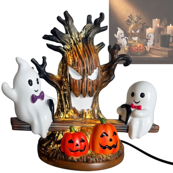 Halloween Seesaw Ghost Night Light Lighted Ghost on Seesaw Night Light Animated Plug in LED Table Lamp with Bow Tie Ghosts Jack O Lantern Accent Light as Halloween Gift for Bedroom Entryway Display