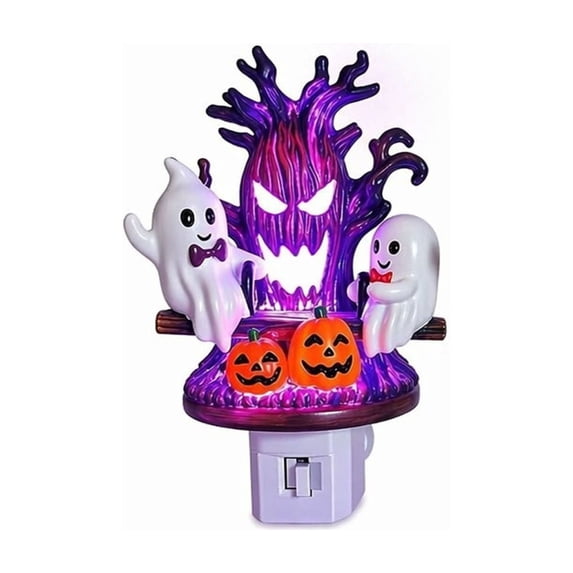 Halloween Seesaw Ghost Plug-In Night Light,Resin Tree Jack O Lantern Wall Lamp with Purple Glow for Adult Bedroom,Fall Decor