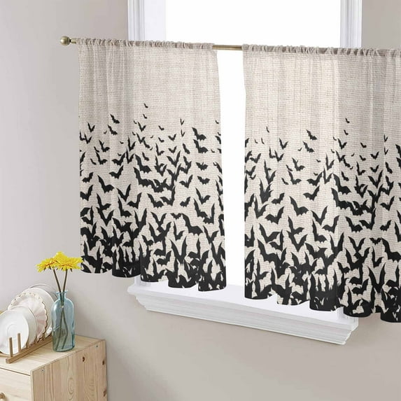 Halloween Semi Sheer Curtains 45 Inch Length 2 Panels Set, Beige Rustic Horror Bat Spooky Halloween Sheer Kitchen Curtain Privacy Voile Window Curtain for Living Room Bedroom Rod Pocket Drapes