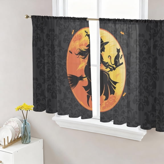 Halloween Semi Sheer Curtains 45 Inch Length 2 Panels Set, Broom Riding Black Witch Cat Orange Fall Moon Sheer Kitchen Curtain Privacy Voile Window Curtain for Living Room Bedroom Rod Pocket Drapes