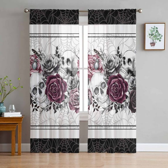 Halloween Semi Sheer Curtains 63 Inch Length 2 Panels Set, Black Purple Skull Roses Horror Flower Sheer Kitchen Curtain Privacy Voile Window Curtain for Living Room Bedroom Rod Pocket Drapes