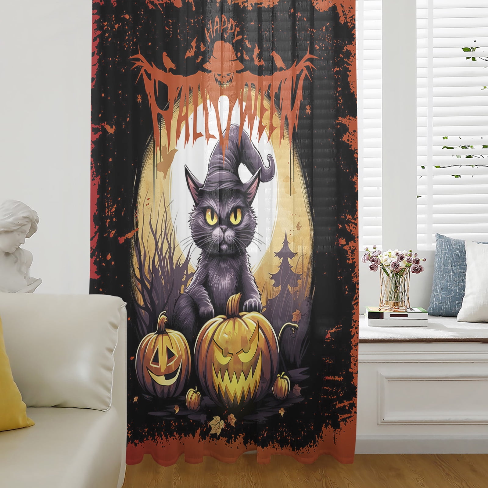 Halloween Semi Sheer Curtains Drapes for Living Room,Bedroom,French