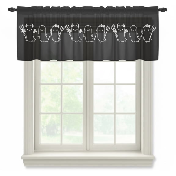 Halloween Semi Sheer Valance Curtains, Black Cartoon Line Spooky Devil Ghosts Minimalist Voile Valances Curtain Rod Pocket Small Window Treatment for Kitchen Bathroom Cafe 42"x18"