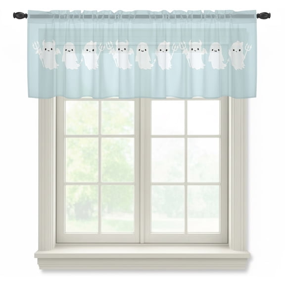 Halloween Semi Sheer Valance Curtains, Blue Cartoon Line Spooky Devil Ghosts Minimalist Voile Valances Curtain Rod Pocket Small Window Treatment for Kitchen Bathroom Cafe 42"x18"
