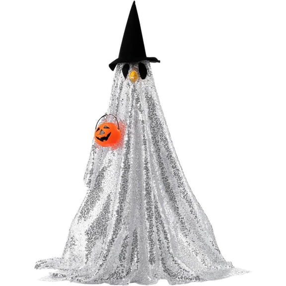 Halloween Sequin Ghost Witch 23 Inch Porch Goose Outfit 3 Piece Set with Pointed Hat and Pumpkin Bucket for Lawn Goose Statues Glam Spooky Fall Front Porch Holiday Decor