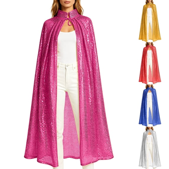 Halloween Sequin Long Cape For Women Fall Front Tie Stand Collar Sparkly Performance Party Poncho, One Size
