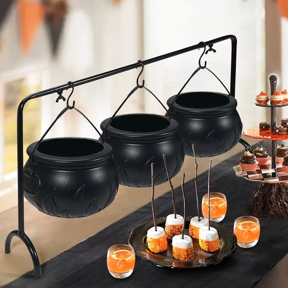 [Halloween Serving Set] Halloween Decor - Set of 3 Witches Cauldron Serving Bowls on Rack - Black Plastic Cauldron for Indoor Outdoor Home Kitchen Decoration - (non-food contact)