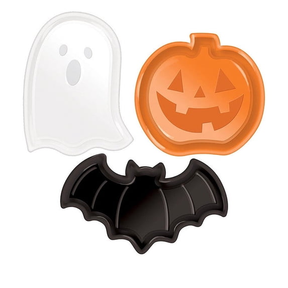 Halloween Serving Trays, Plastic Party Plates, Pumpkin Orange Ghost Bats Design, Durable Lightweight PET Material, Multi-Size Candy and Fruit Snack Trays for Fall Themed Parties